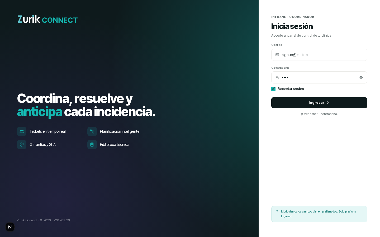 Pantalla de ingreso del coordinador